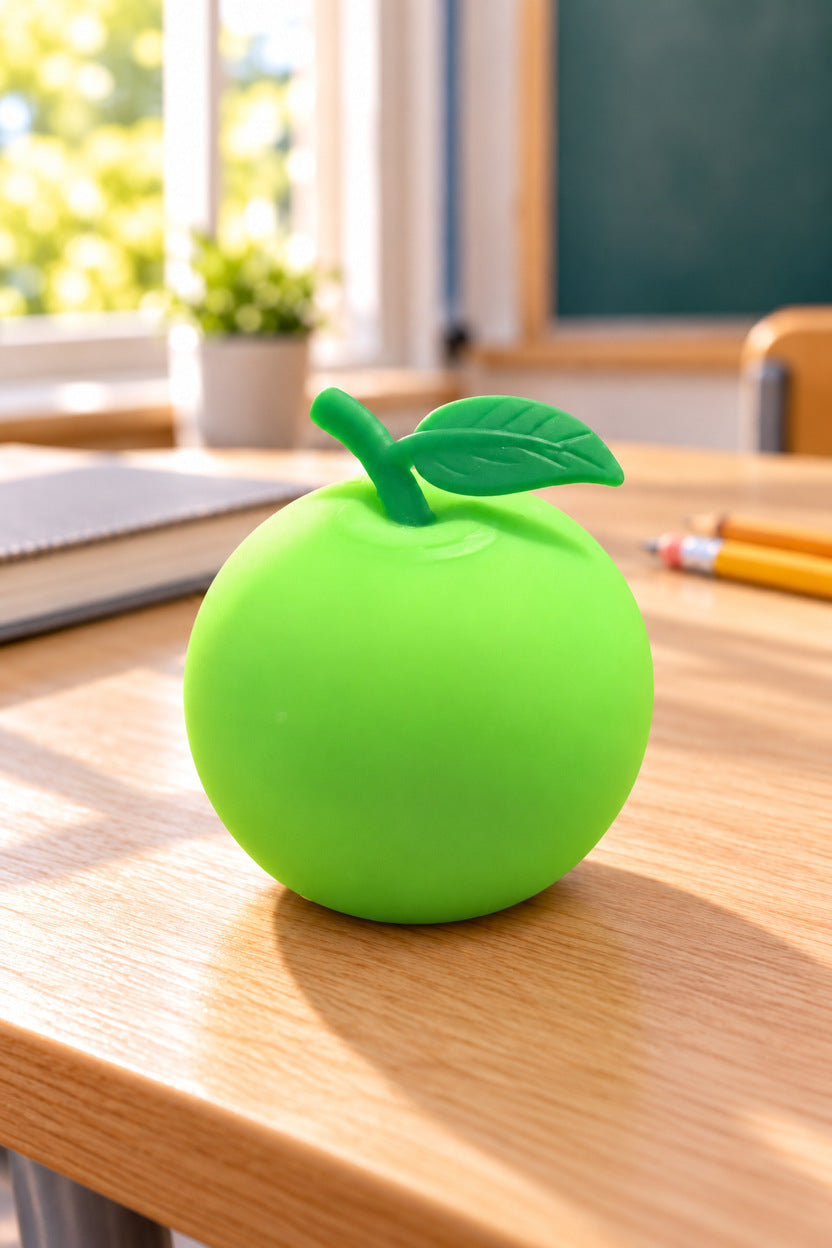 Lime green apple squishy on a bright classroom desk