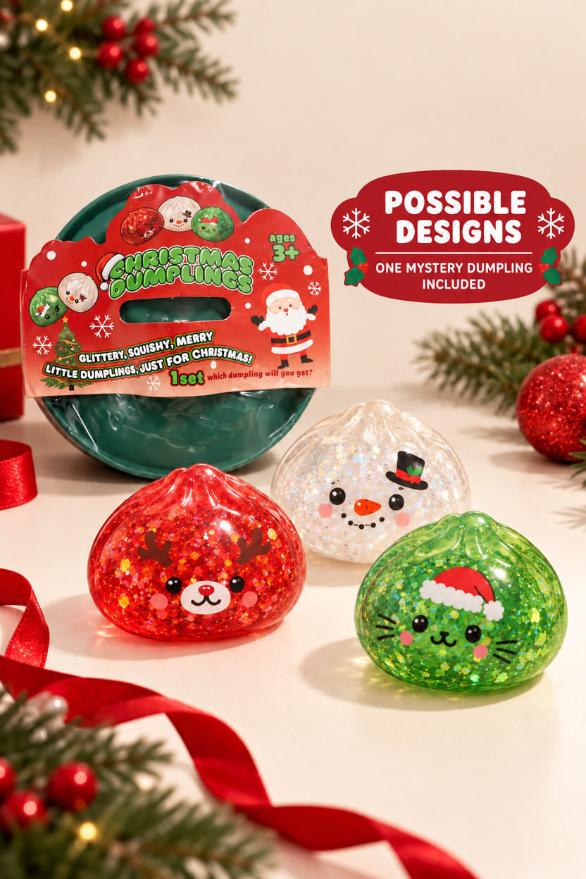Possible smooth glitter dumpling designs with printed faces; one mystery dumpling included