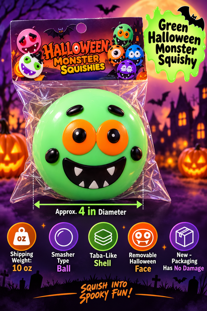 Green Halloween Monster Squishy product details showing approximately 4 inch diameter and 10 ounce shipping weight