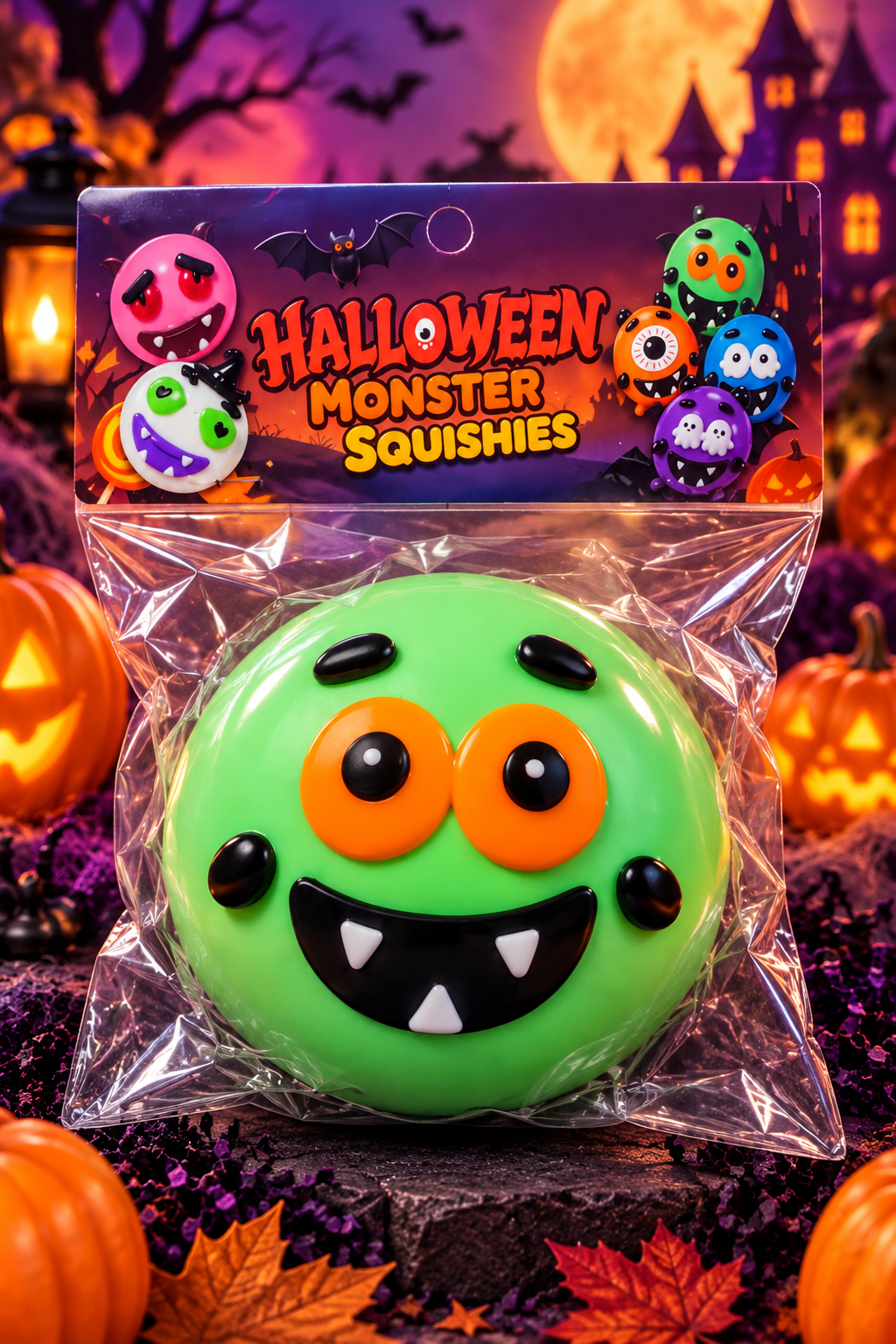 Green Halloween Monster Squishy smasher-type ball with removable monster face in retail packaging