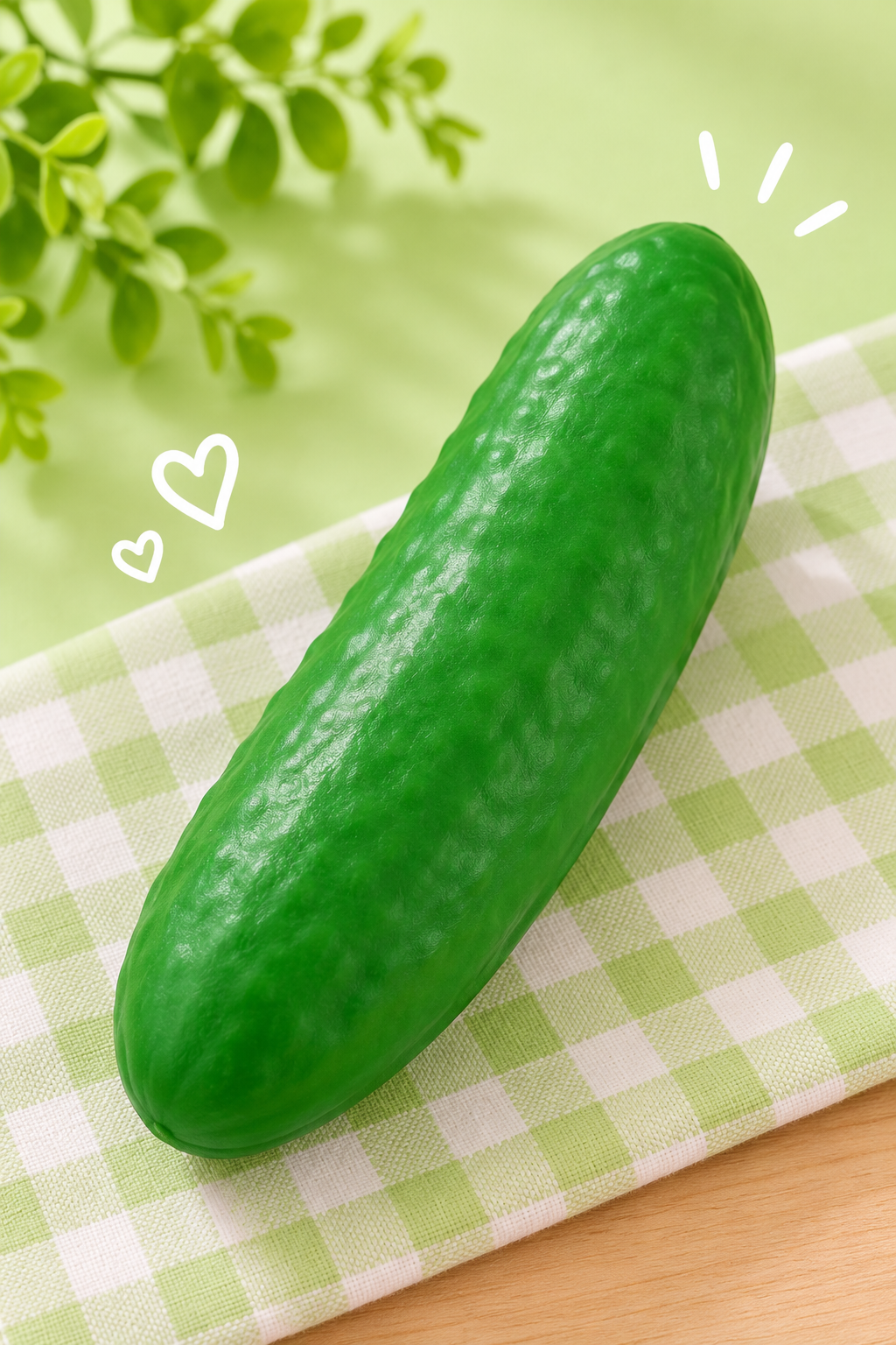 Green pickle squishy displayed outside the package on a green gingham surface