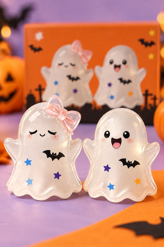 The two ghost squishies with different expressions and bat motifs