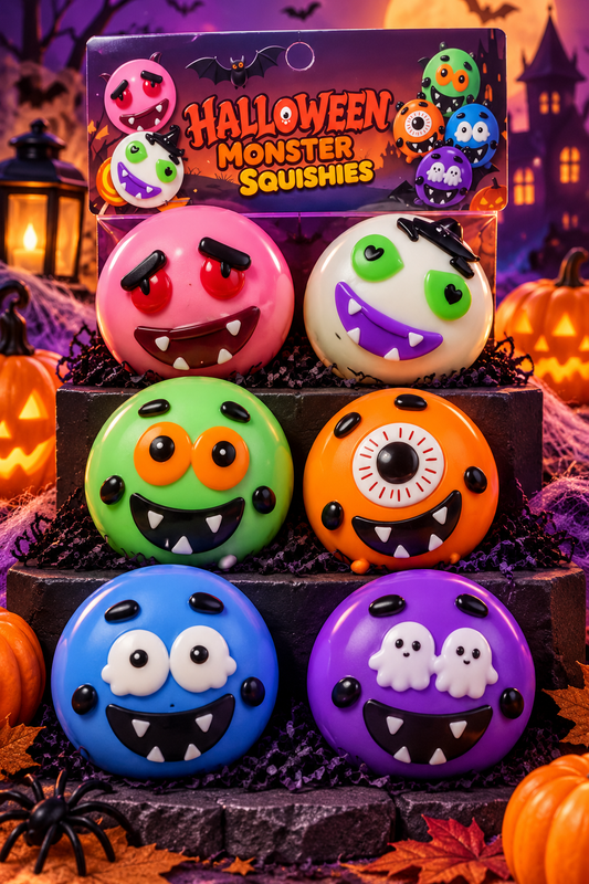 Halloween Monster Squishies collection display with pink white green orange blue and purple monster ball designs
