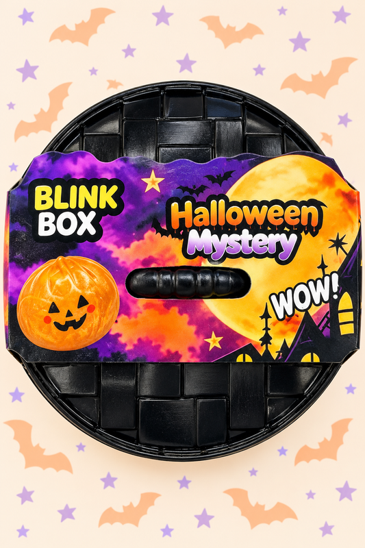 Halloween Mystery Blink Box dumpling squishy in original closed packaging on a pastel Halloween background