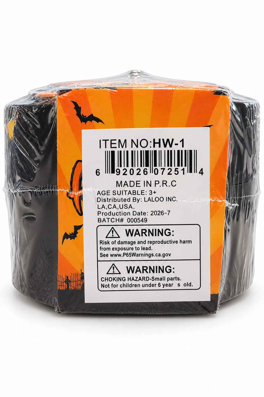 Halloween pumpkin dumpling squishy sealed package barcode item HW-1 and safety warning label