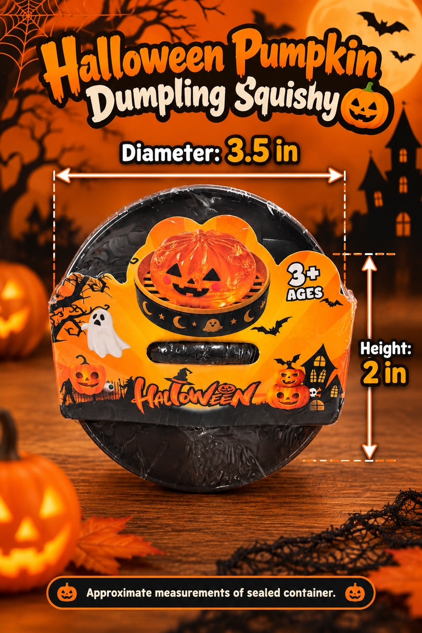 Halloween pumpkin dumpling squishy sealed container measuring approximately 3.5 inches diameter and 2 inches high