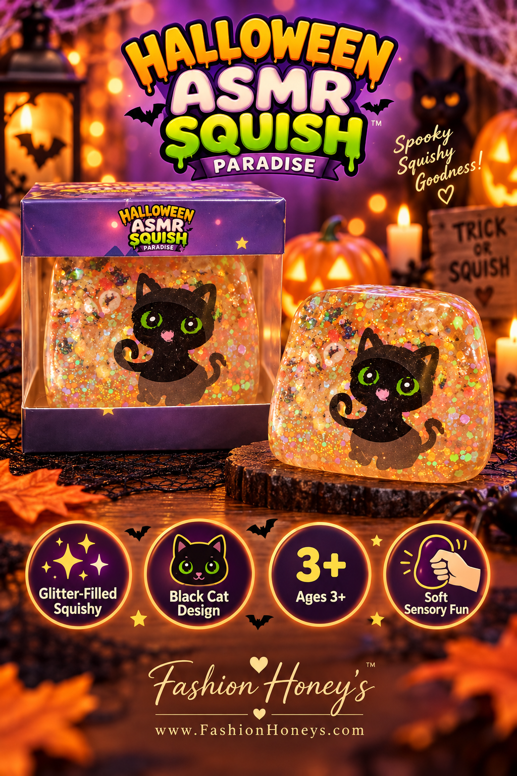 Halloween ASMR Squish Paradise black cat glitter squishy features