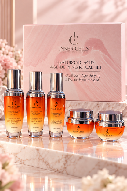 Inner Cells Hyaluronic Acid Age-Defying Ritual Set five products and pink case