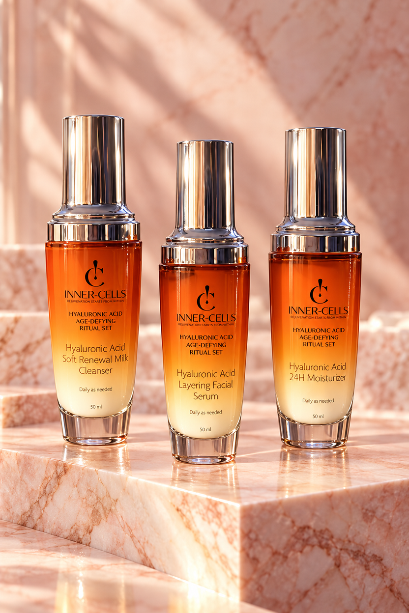Inner Cells Soft Renewal Milk Cleanser Layering Facial Serum and 24H Moisturizer
