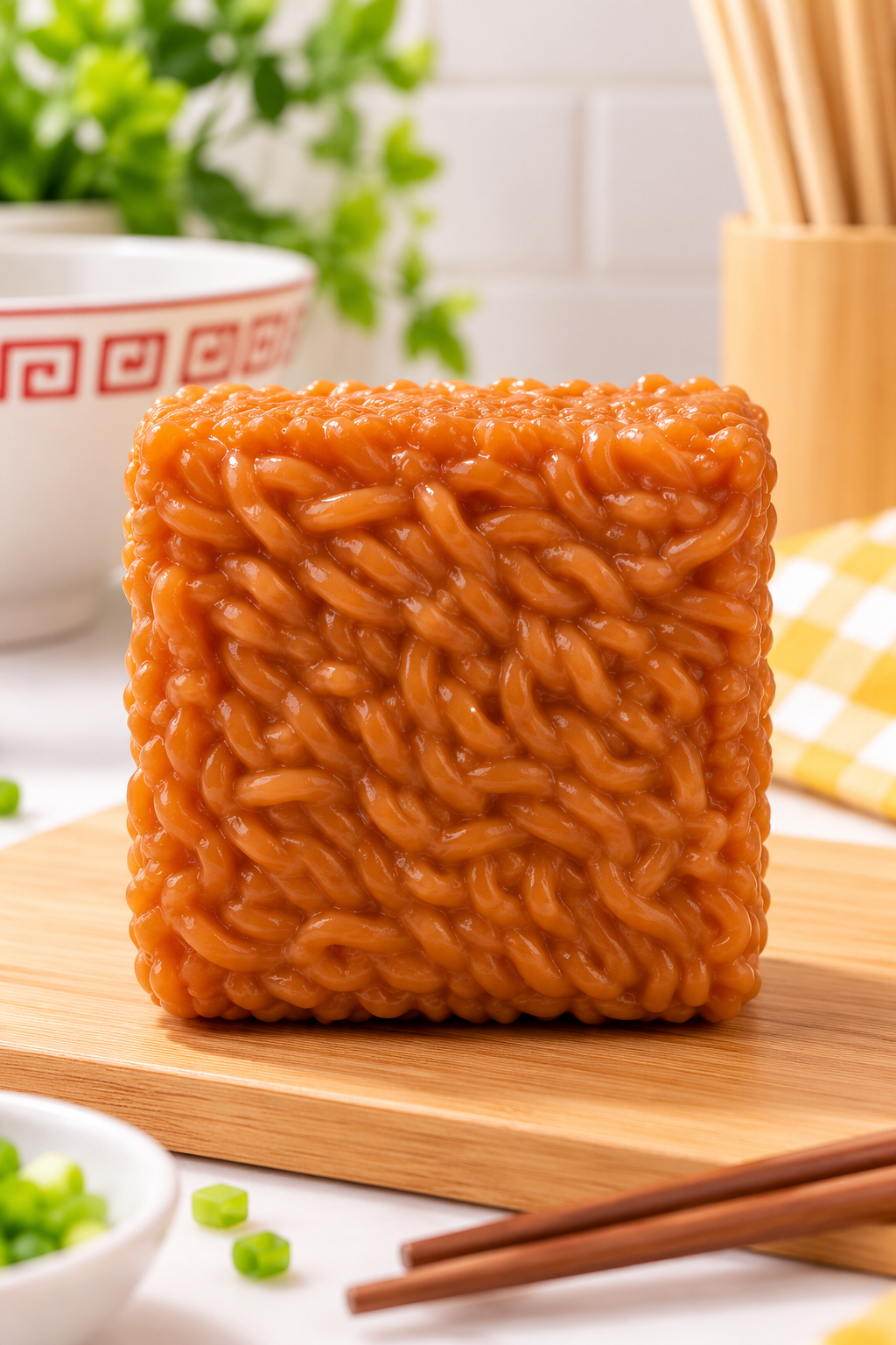 Brown instant noodle crunchy squishy outside packaging