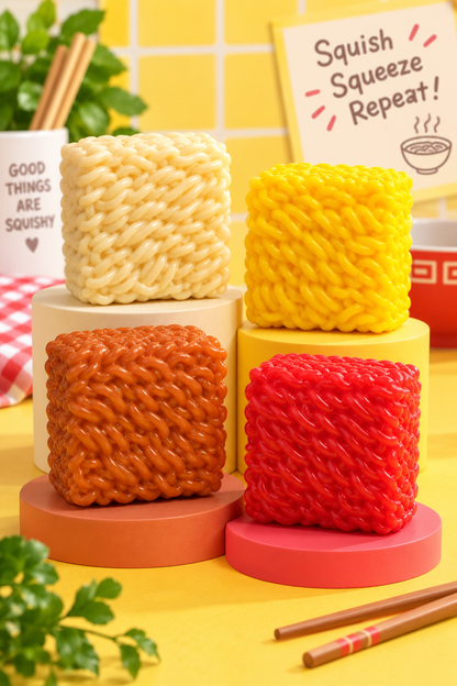 Instant noodle crunchy squishies in cream, yellow, brown, and red on a tiered display, shown outside packaging