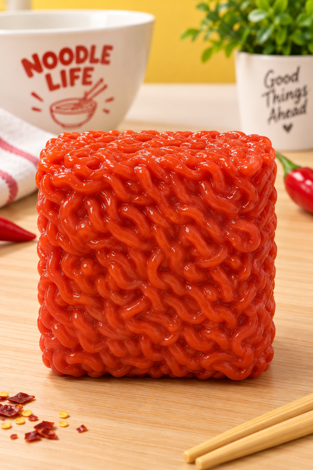 Red instant noodle crunchy squishy outside packaging