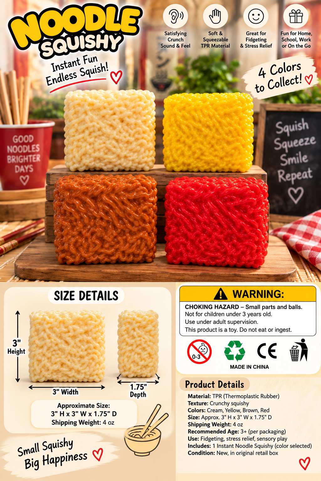 Instant noodle squishy size and safety guide with dimensions, TPR material, 3+ age guidance, choking hazard warning, and 4 ounce shipping weight