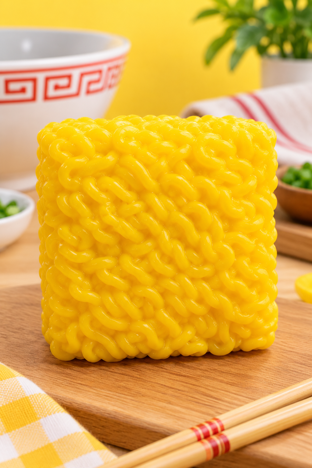 Yellow instant noodle crunchy squishy outside packaging