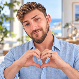 Josh in a light blue coastal linen shirt with wavy hair, forming a heart with his hands
