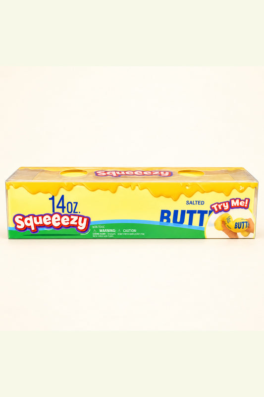 Boxed jumbo Squeeezy Salted Butter squishy, long side view