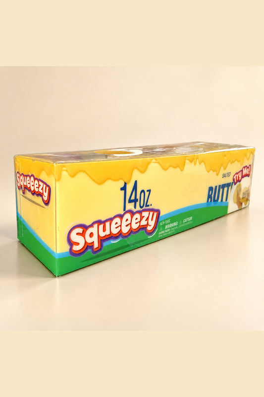 Angled view of Squeeezy Salted Butter squishy box