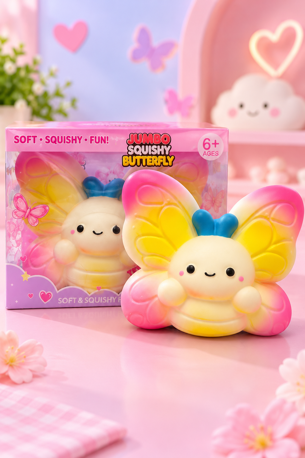 Jumbo butterfly squishy outside the box beside its original retail packaging