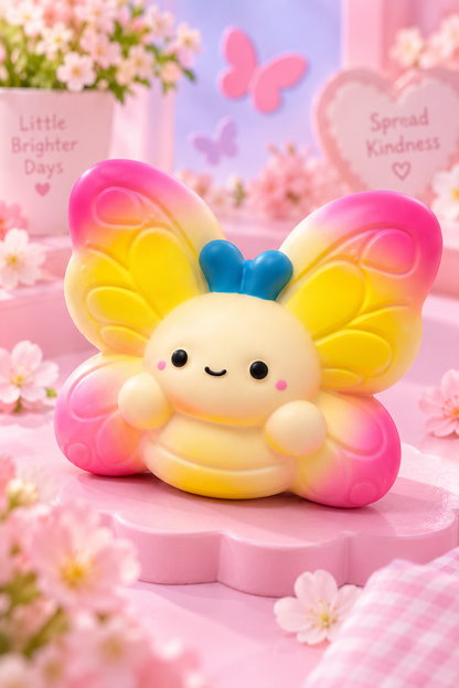 Jumbo butterfly squishy displayed outside the package in a pastel garden-style setting