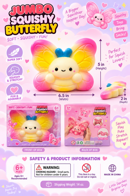 Jumbo butterfly squishy size and warning guide showing 6.5 inch width, 5 inch height, 2 inch depth, ages 6+, choking hazard, and 14 ounce shipping weight