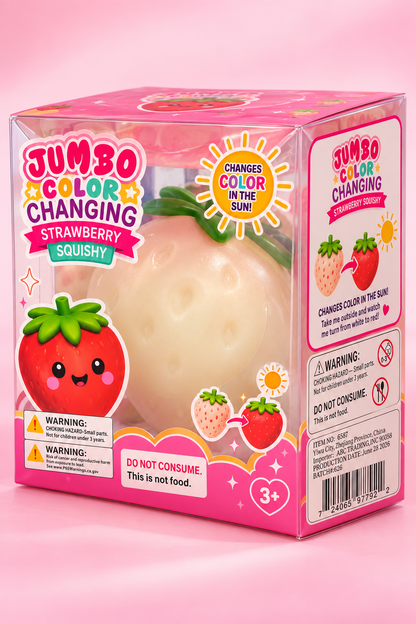 Jumbo color changing strawberry squishy in original retail packaging