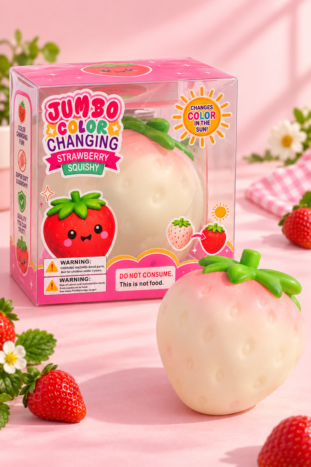 Jumbo color changing strawberry squishy shown outside the package with original retail box