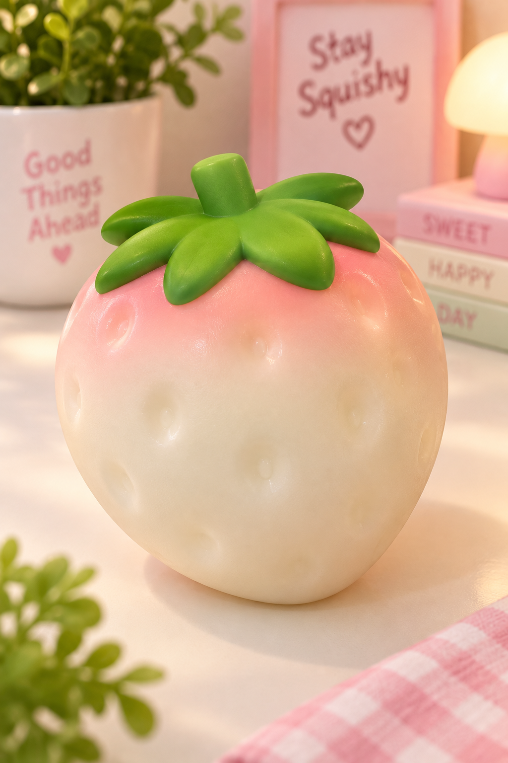 Jumbo color changing strawberry squishy in a pink lifestyle setting