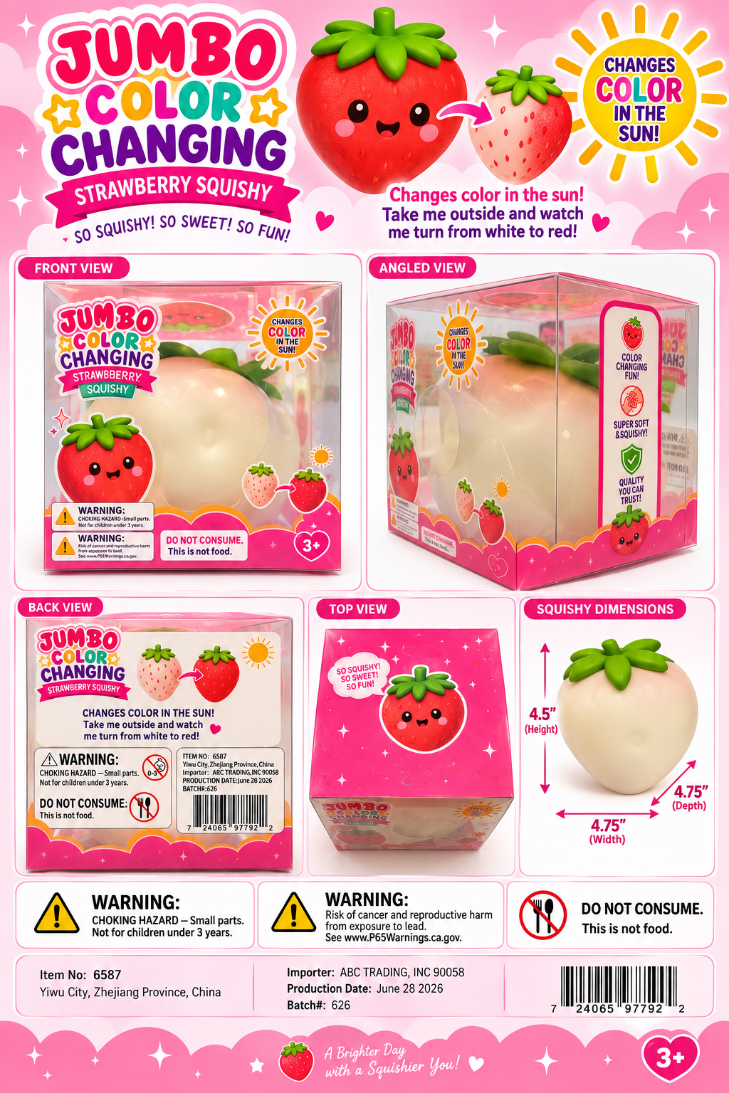 Jumbo color changing strawberry squishy dimensions, barcode, packaging details, and safety warnings