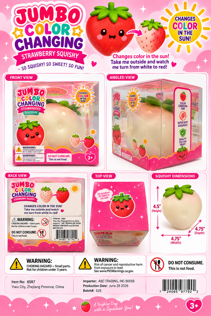 Jumbo color changing strawberry squishy dimensions, barcode, packaging details, and safety warnings