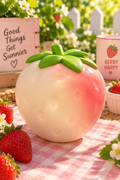 Jumbo color changing strawberry squishy beginning to turn red in sunlight