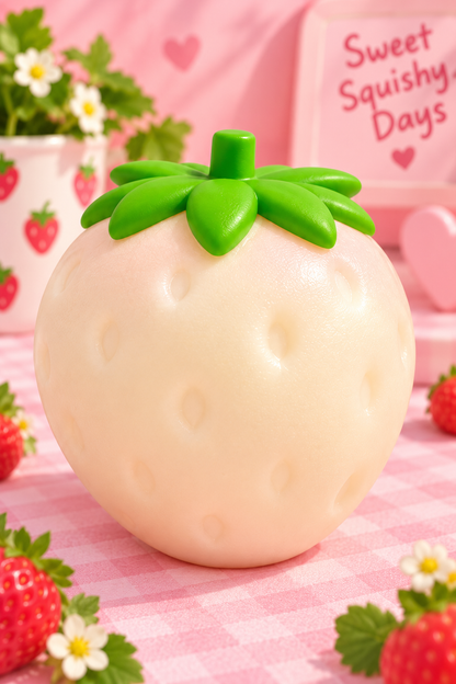 Jumbo color changing strawberry squishy in its white shade-state outside packaging