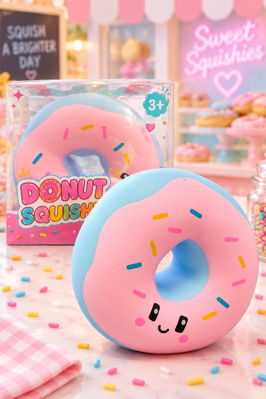Jumbo pink and blue donut squishy displayed outside its retail package