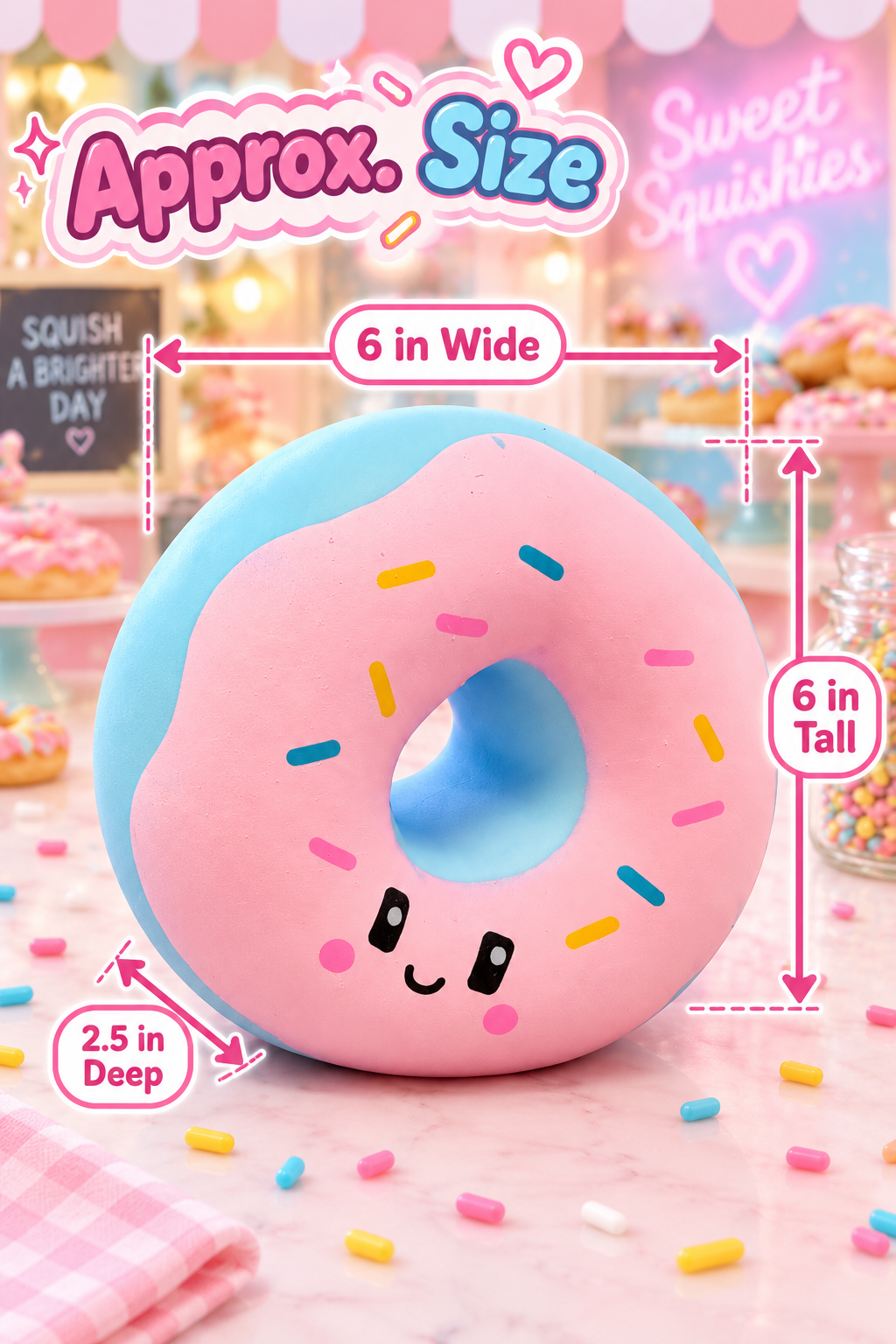Jumbo donut squishy size guide: 6 inches wide, 6 inches tall, 2.5 inches deep