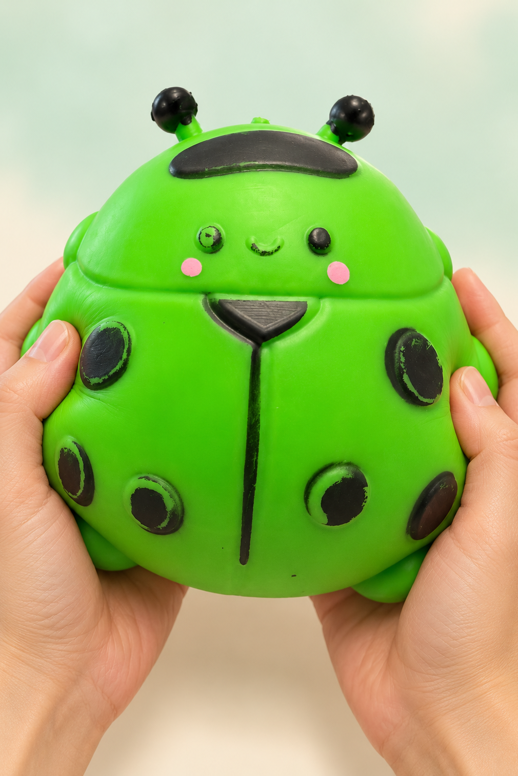 Adult hands holding the jumbo green ladybug squishy with black spots and pink cheeks.