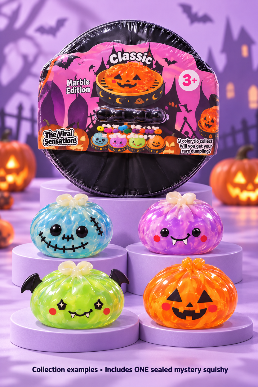 Illustrated collection examples: blue Frankenstein, purple vampire, green bat and orange pumpkin on tiers; includes one sealed mystery squishy.