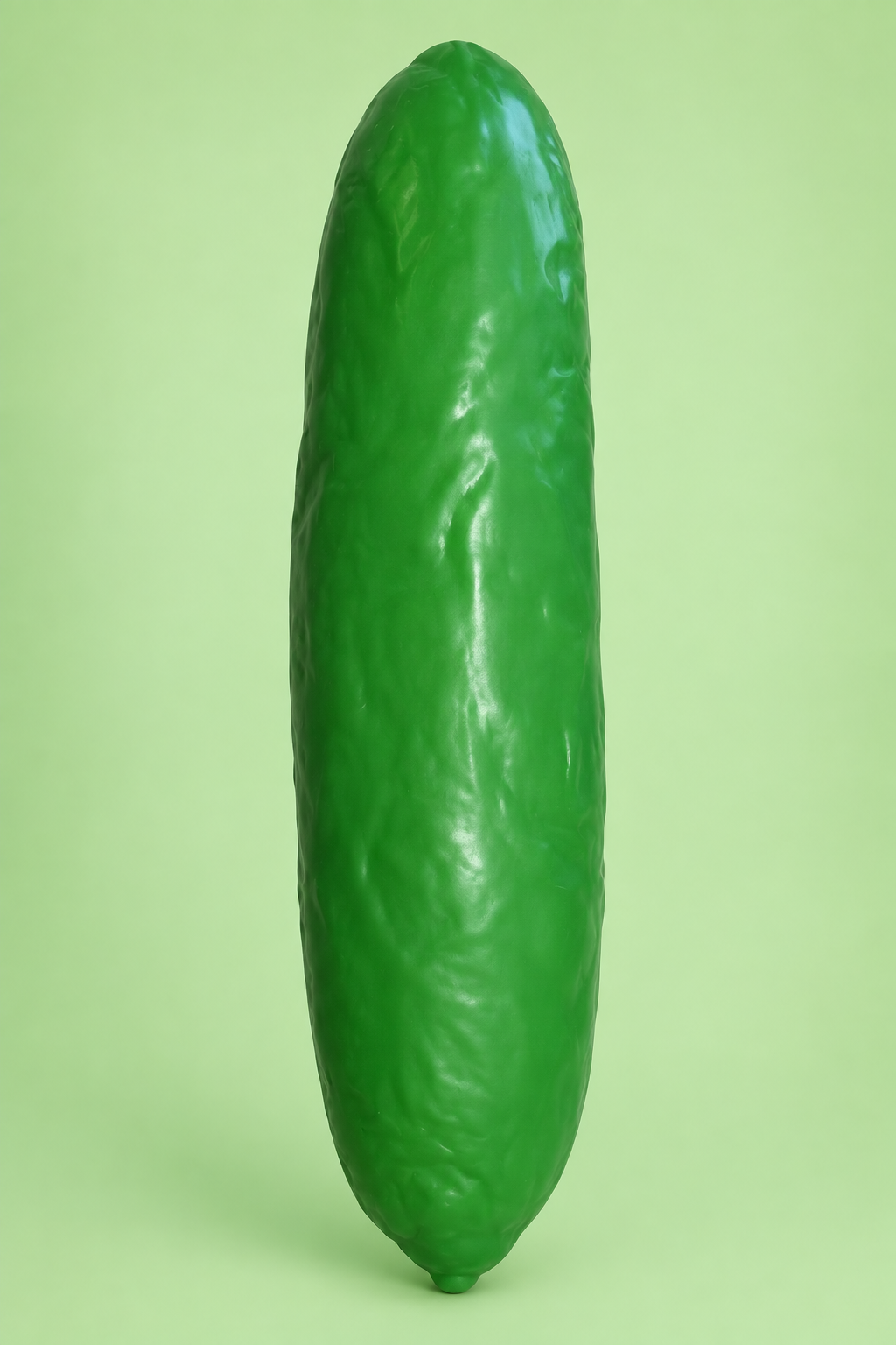 Dark green jumbo pickle squishy toy shown outside packaging