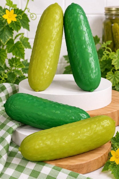 Jumbo pickle squishies in light green and dark green displayed outside simple plastic packaging