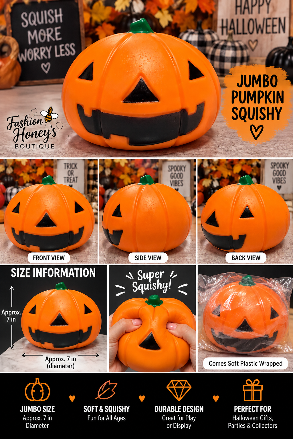 Jumbo Pumpkin Squishy product collage with size and soft plastic wrap details