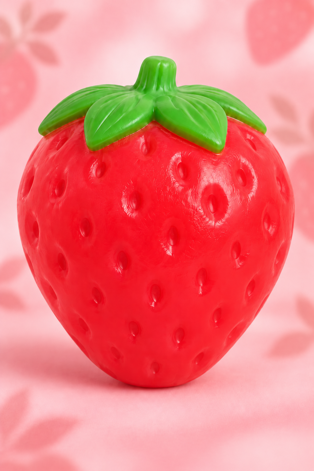 Jumbo strawberry squishy with red molded seed indentations and green leafy top