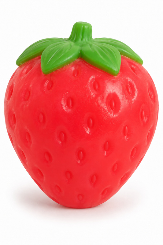 Jumbo strawberry squishy on a soft pink background with red molded seed indentations