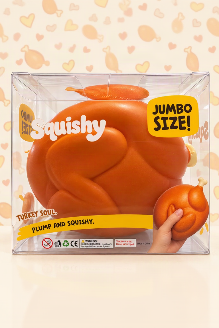 Jumbo cooked turkey squishy in clear retail box with readable warning label on a clean pastel background