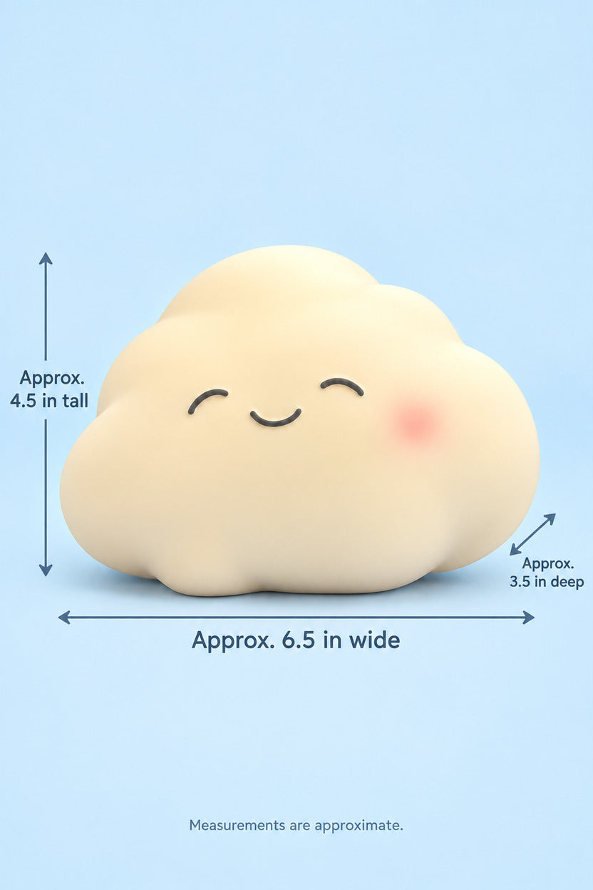 Jumbo cloud squishy approximate size: 6.5 inches wide, 4.5 inches tall, 3.5 inches deep
