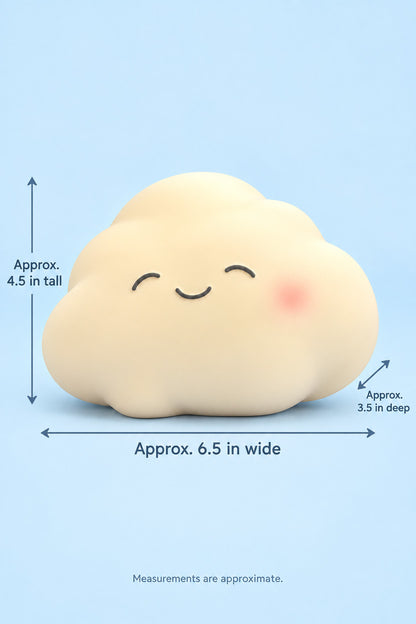 Jumbo cloud squishy approximate size: 6.5 inches wide, 4.5 inches tall, 3.5 inches deep