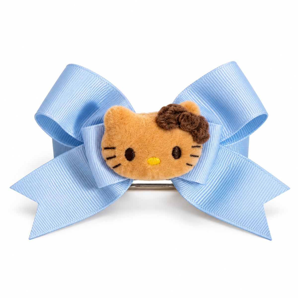 Baby blue ribbon bow hair clip with tan plush kitty face