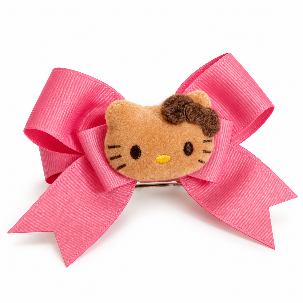 dark pink ribbon bow hair clip with tan plush kitty face