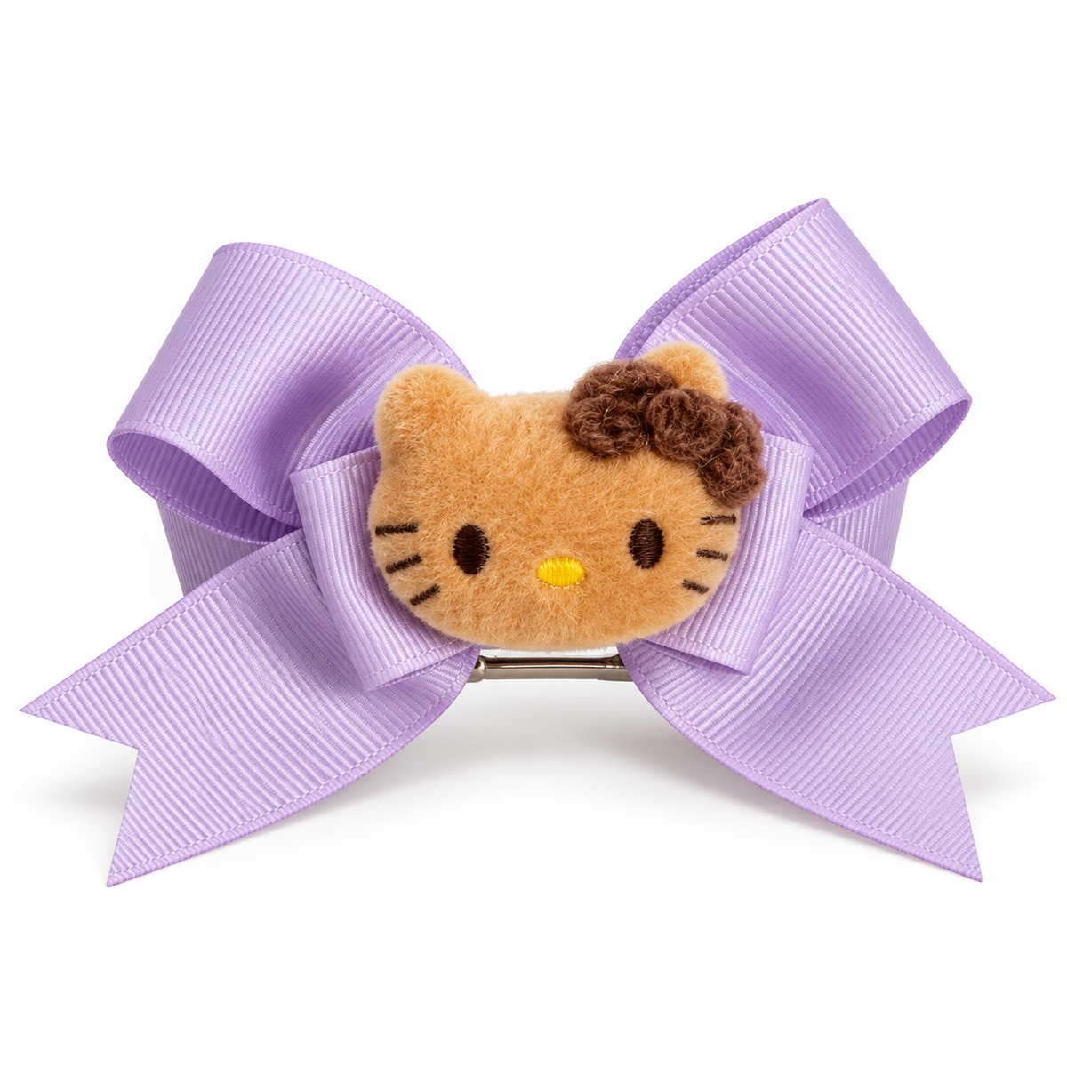 Lavender ribbon bow hair clip with tan plush kitty face