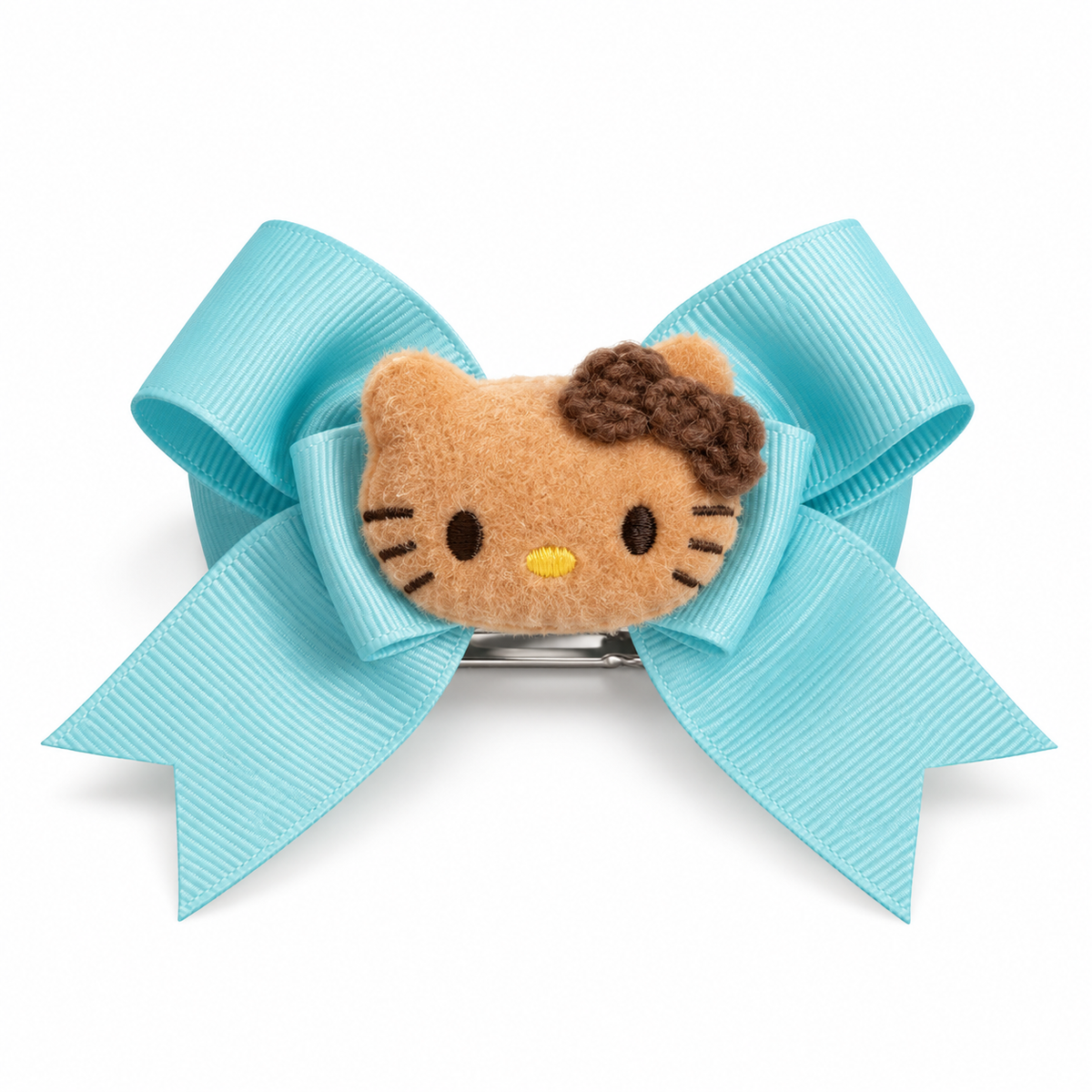 Light teal ribbon bow hair clip with tan plush kitty face