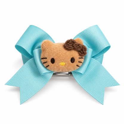 Light teal ribbon bow hair clip with tan plush kitty face