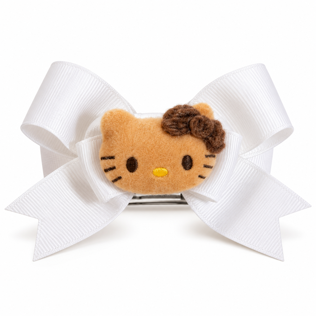 White ribbon bow hair clip with tan plush kitty face