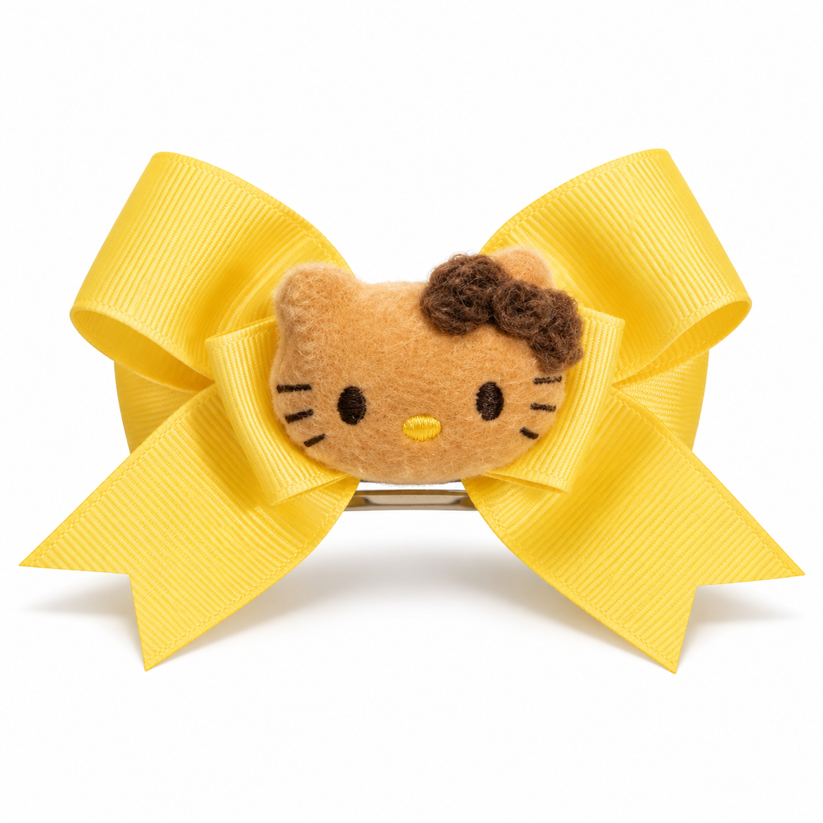 yellow ribbon bow hair clip with tan plush kitty face